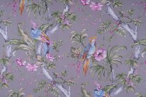 tissu DARA  oiseaux pastel sur fond taupe clair