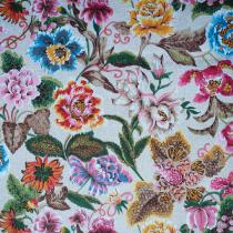 Tissu grand motif floral et papillons - oiseau-fond écru