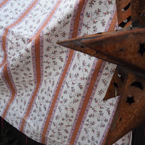 Tissu schintz coton rayures brindilles fleuries - fond écru