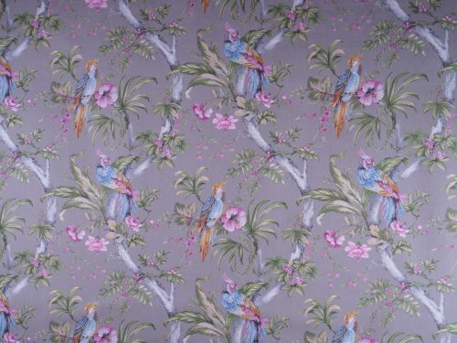 tissu DARA  oiseaux pastel sur fond taupe clair